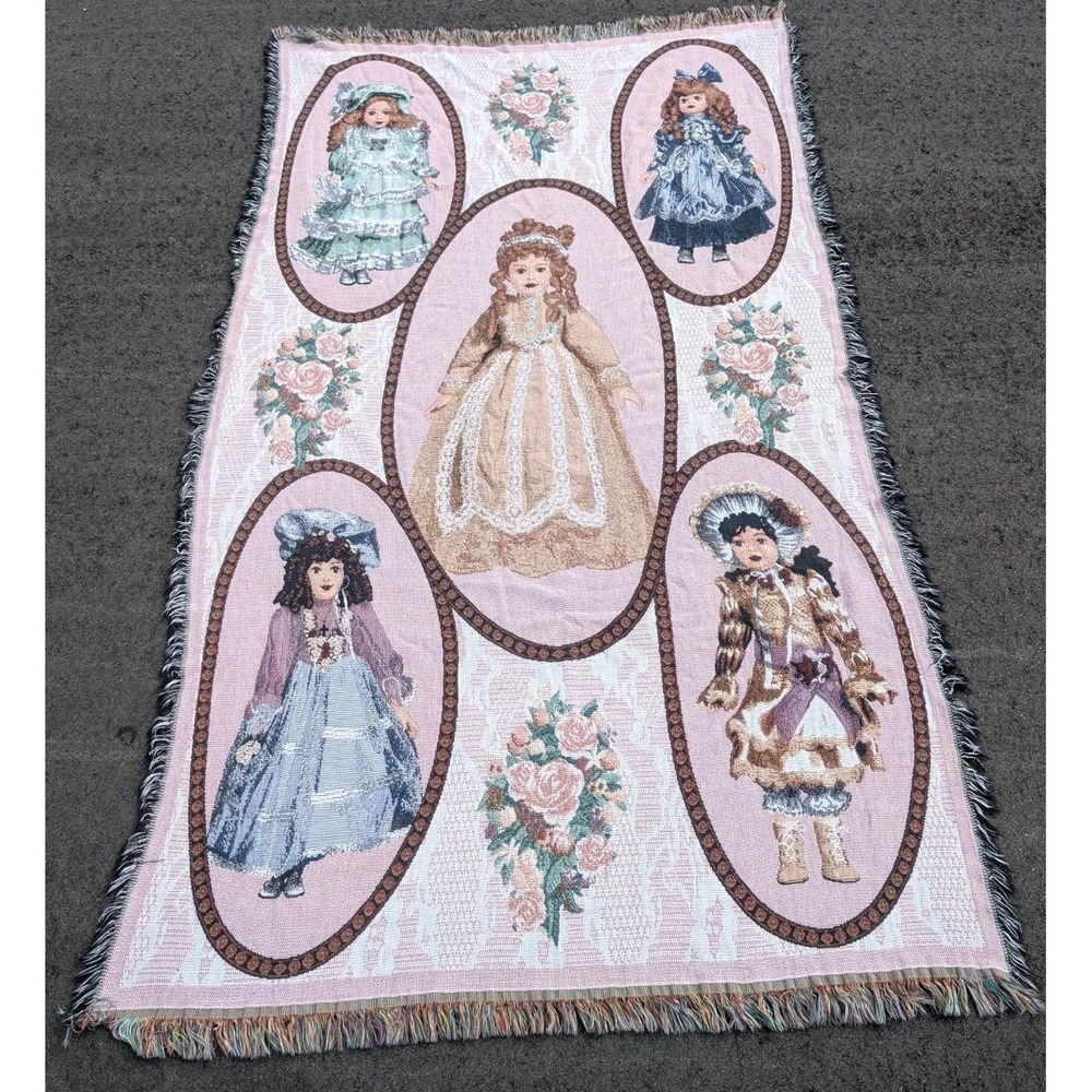 Vintage Porcelain Dolls Tapestry Woven Throw Blanket Bed Cover 82"x47" Cotton